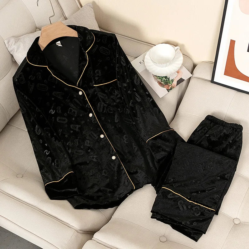 Velvet 2PCS Pajamas Set Women Autumn Winter Sleepwear Nightwear Casual Sleep Set Loose Soft Bathrobe Long Sleeve Shirt&pant