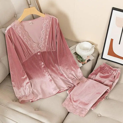 Velvet 2PCS Pajamas Set Women Autumn Winter Sleepwear Nightwear Casual Sleep Set Loose Soft Bathrobe Long Sleeve Shirt&pant