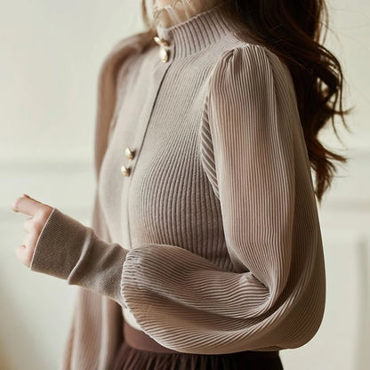 LJSXLS Autumn Elegant Chiffon Patchwork Turtleneck Sweater Women Winter New Korean Knitted Tops Long Sleeve Pullovers Femme