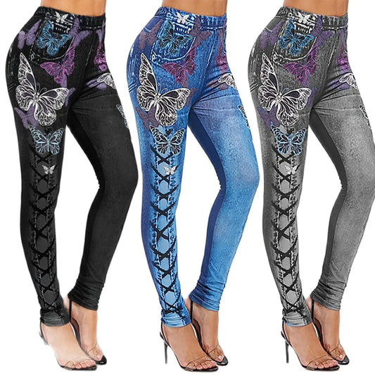 Skinny High Waist Women Pants Butterfly Print Lace-up Elastic Jogging Sports Trousers Hip Lift Jeans Women Pencil Pants