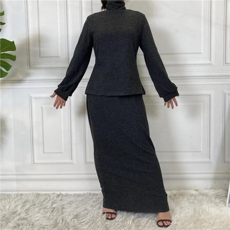 Turkey Turtleneck Tops Long Skirt 2 Pieces Set for Women Autumn Winter Warm Muslim Outfits Tracksuit Islam Dress Abaya Robe Suit