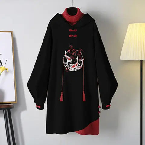 Women's Winter Chinese Style Hoodies Sweatshirt Daily Dress Hanfu Long Sleeve Embroidery Oversized Thick Cheongsam Vestidos