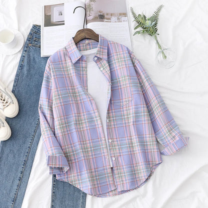 New Fashion Loose Womens Plaid Shirt Fresh College Style Design Blouses And Tops Long Sleeve Casual Female Checked Clothes