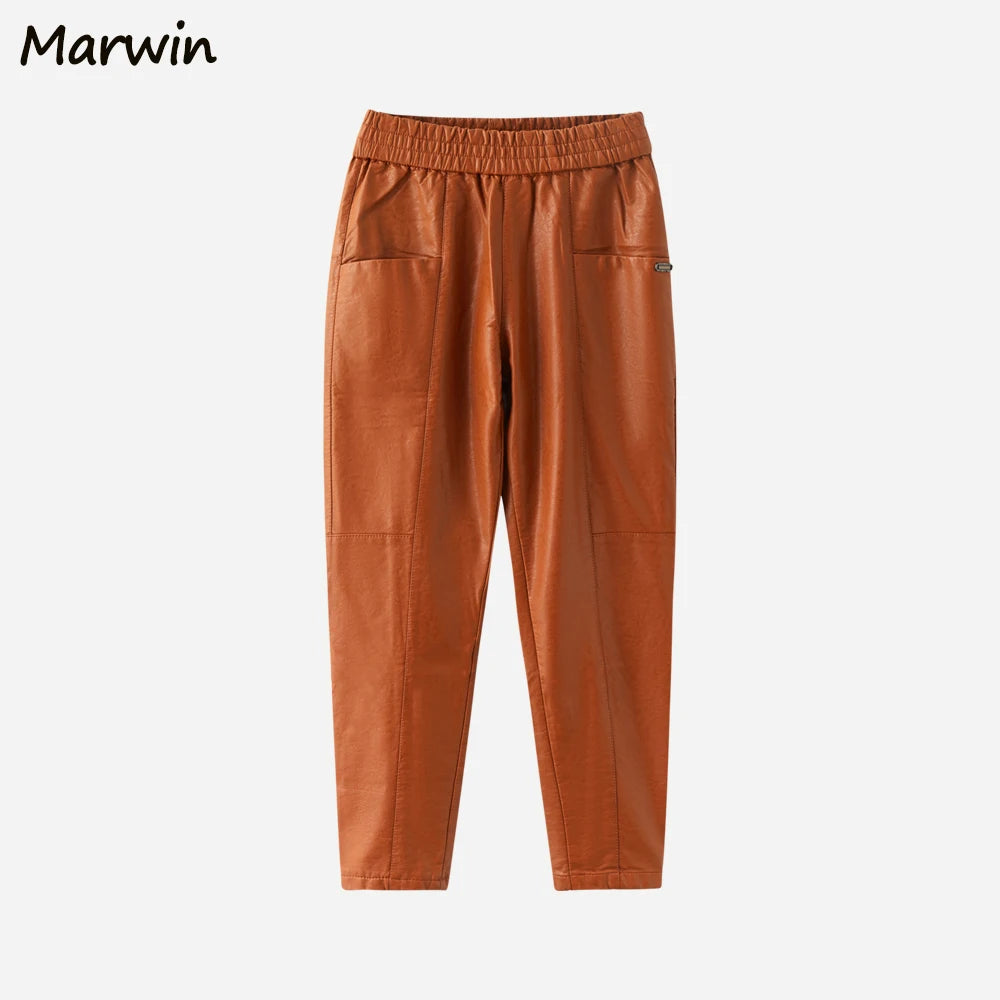 Marwin New-Coming Winter Pu Leather Pockets Full Length Women Pants High Street Style Elastic Waist Female Leather Pants