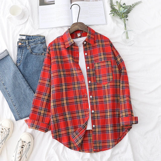 New Fashion Loose Womens Plaid Shirt Fresh College Style Design Blouses And Tops Long Sleeve Casual Female Checked Clothes