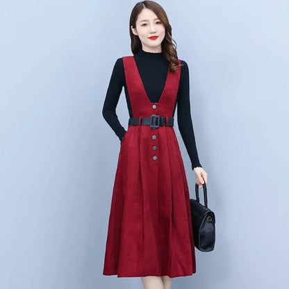 New Woolen Vest Dress Sweater Two-piece Suit Autumn Winter Vintage Casual Dress Women Thick Warm Bodycon Party Fashion Sets