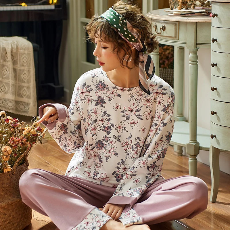 Autumn 100%Cotton Women Pajamas Long Sleeve Women's Pajama Set Print M-5XL Pijama Long Tops+Long Pants Two Piece Set Pyjamas