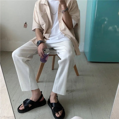 Pleated Straight Pants Men Oversized Casual Pants Men Japanese Streetwear Loose Ice Silk Pants Mens Wide Leg Trousers S-2XL