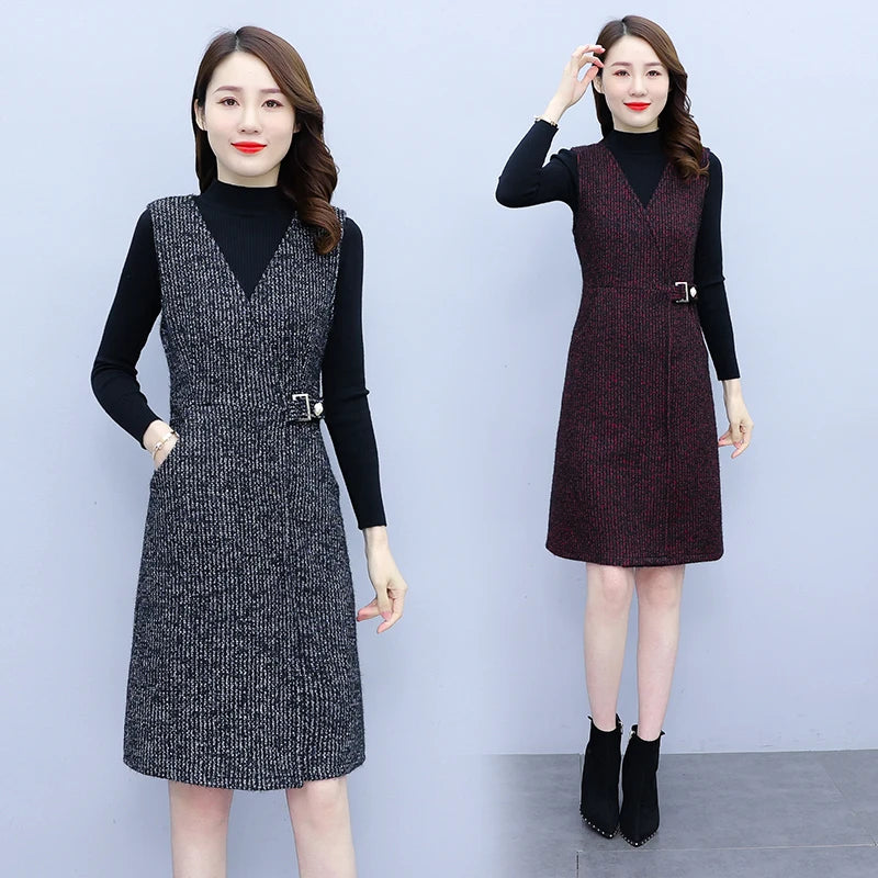 Autumn Winter Black Sweater Vest Dress Sets Women Thick Warm Midi Dress Two-piece Suit  Elegan Bodycon Vintage Party Vestido