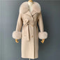 Women's Cashmere Wool Coat Spring Real Fox Fur Collar Woolen Trench Jacket Winter Adjustable Waist Slim Ladies Long Overcoat