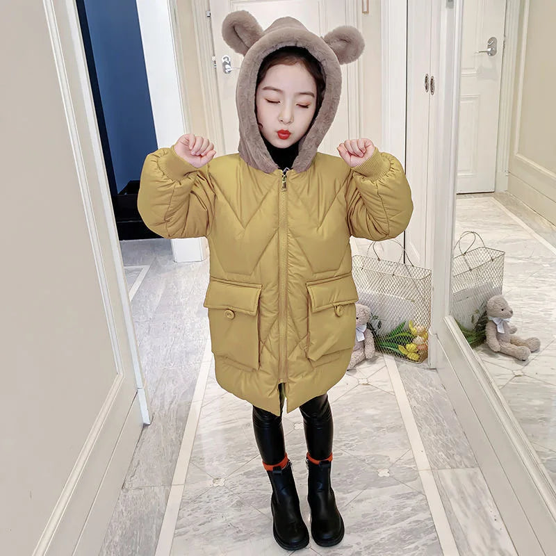 4 5 6 7 8 9 10 11 12 Years Winter Girls Jacket Plus Velvet Keep Warm Cute Bear Hooded Little Princess Coat Children's Clothing