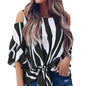 Women Chiffon Blouses Off Shoulder Ruffles Half Sleeve Sexy Round Neck Bowknot Striped Shirt Tops for Daily Wear Black Plus Size