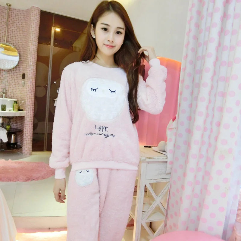 Autumn Winter Pajamas Set Women Sleep Shirt & Pant Set Sleepwear Warm Flannel Nightgown Female Cartoon Bear Animal Pijamas