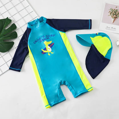 Baby Swimsuit One-Piece Bathing Suit Boy with Sun Cap UPF50 UV Protection Long Sleeve Dinosaur Children's Swimwear for Toddlers