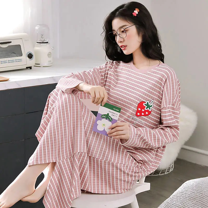 100% Cotton Nightdress Women's Spring Autumn New Long-sleeved Loose Striped Pijamas Female Loose Cute Nightwear