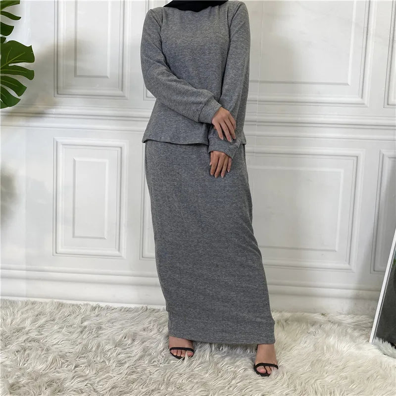 Turkey Turtleneck Tops Long Skirt 2 Pieces Set for Women Autumn Winter Warm Muslim Outfits Tracksuit Islam Dress Abaya Robe Suit