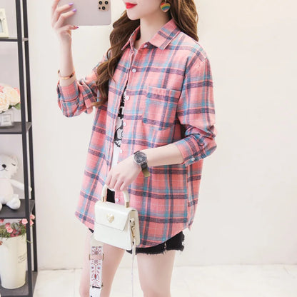 New Fashion Loose Womens Plaid Shirt Fresh College Style Design Blouses And Tops Long Sleeve Casual Female Checked Clothes