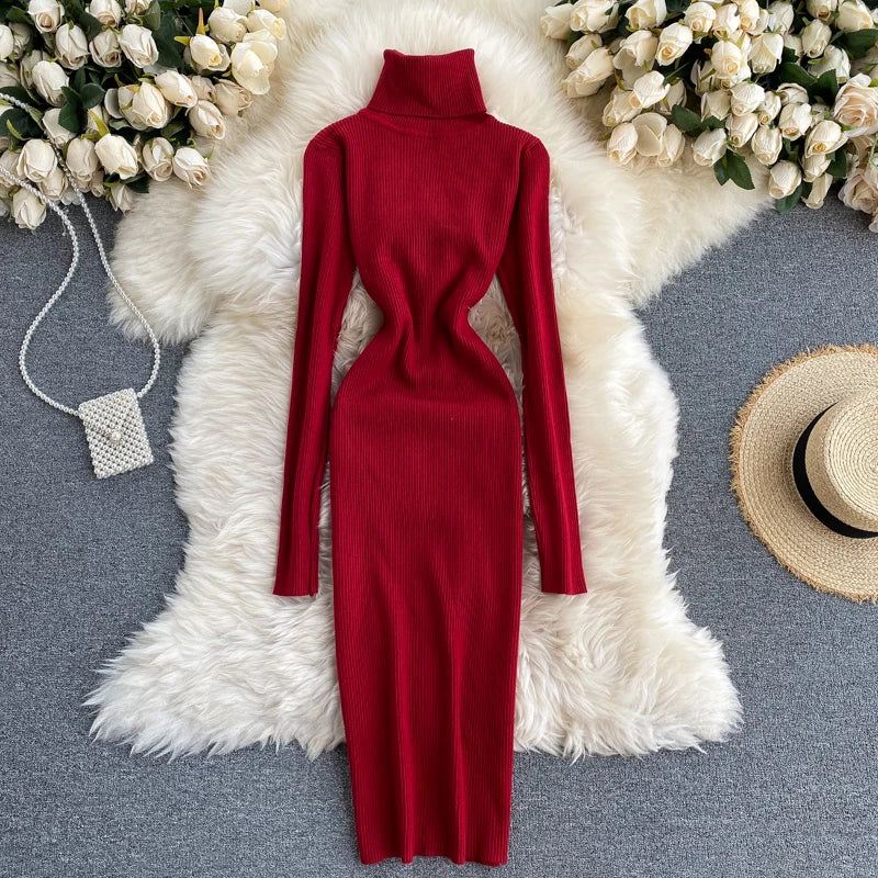 Dresses for Women Sexy Turtleneck Knitted Bodycon Dress Women Autumn Winter Long Sleeve Sweater Dress