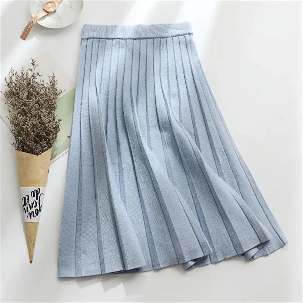 Women Knitted Midi Skirt Elegant Black A-Line High Waist Pleated Long Skirt Korean Spring Autumn Winter Faldas Femme Jupes