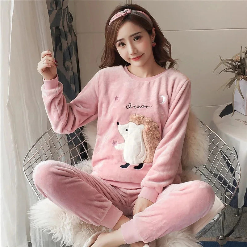 Autumn Winter Pajamas Set Women Sleep Shirt & Pant Set Sleepwear Warm Flannel Nightgown Female Cartoon Bear Animal Pijamas