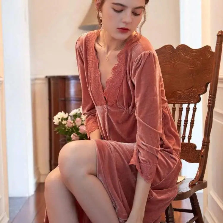 Autumn New Velvet Sleepwear Women Nightgown Sexy Nightdress Intimate Lingerie Loose Sleep Dress Home Dressing Gown With Lace