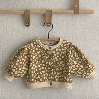 2025 Winter New Baby Girl Floral Cardigan Cotton Kids Coat Little Girls Jacket Single Breasted Princess Puff Sleeve Tops Clothes