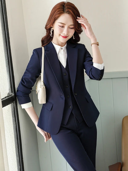 Black Blue Gray 3 Piece Set Women Pant Suit Office Ladies Formal Business Work Career Wear Vest Blazer Jacket and Trousers