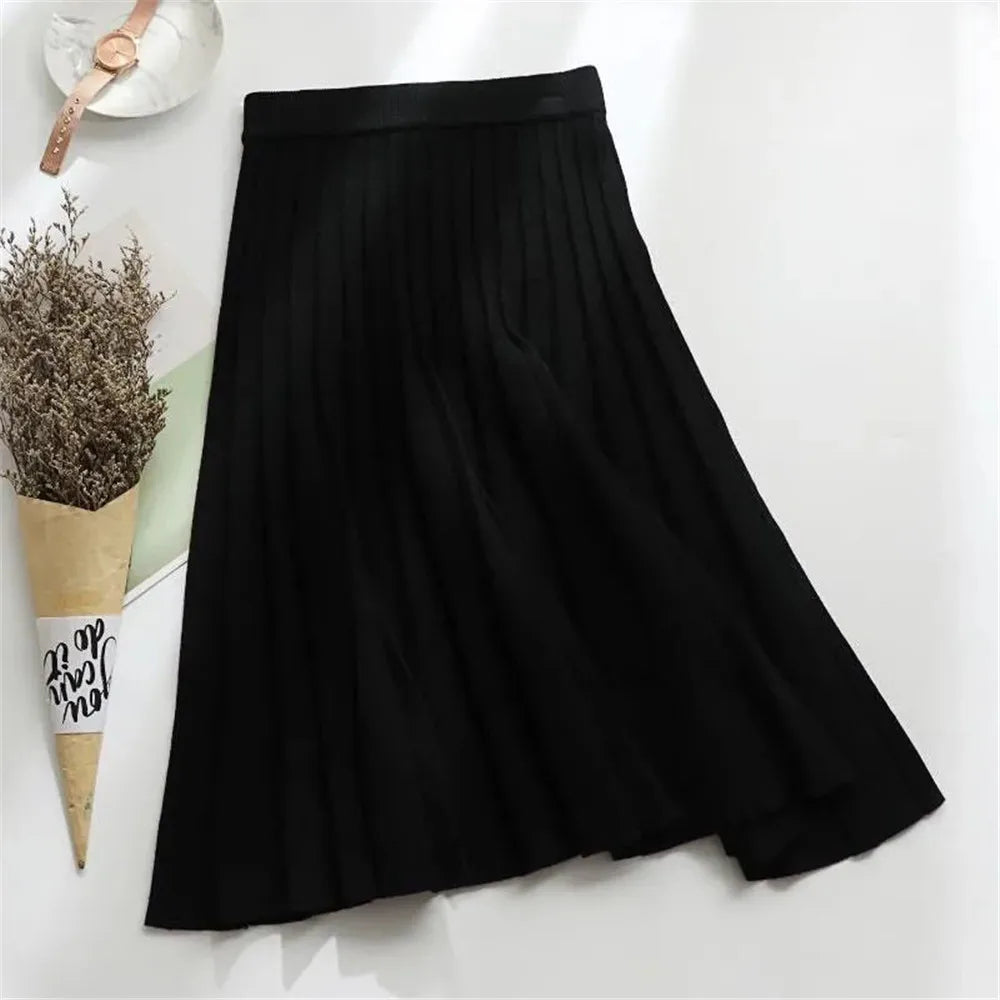 Women Knitted Midi Skirt Elegant Black A-Line High Waist Pleated Long Skirt Korean Spring Autumn Winter Faldas Femme Jupes