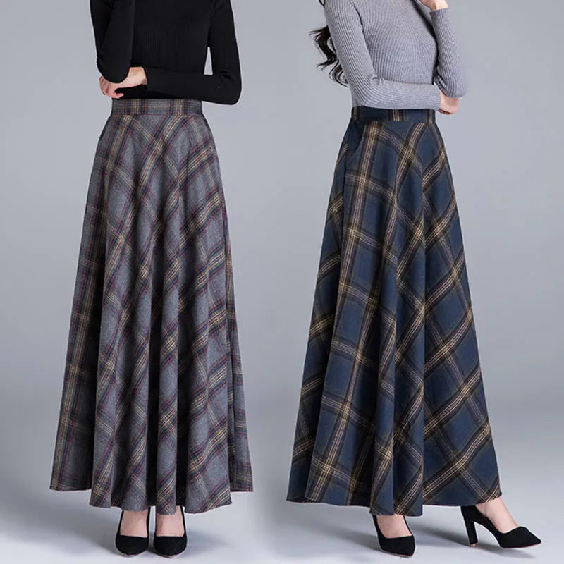 Mom High Waist Woolen plaid Skirts Autumn Winter Women's 3XL Wool Maxi Skirts Female Fashion Casual Long Streetwear