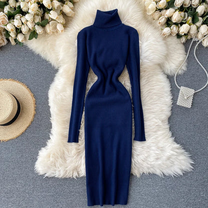 Dresses for Women Sexy Turtleneck Knitted Bodycon Dress Women Autumn Winter Long Sleeve Sweater Dress