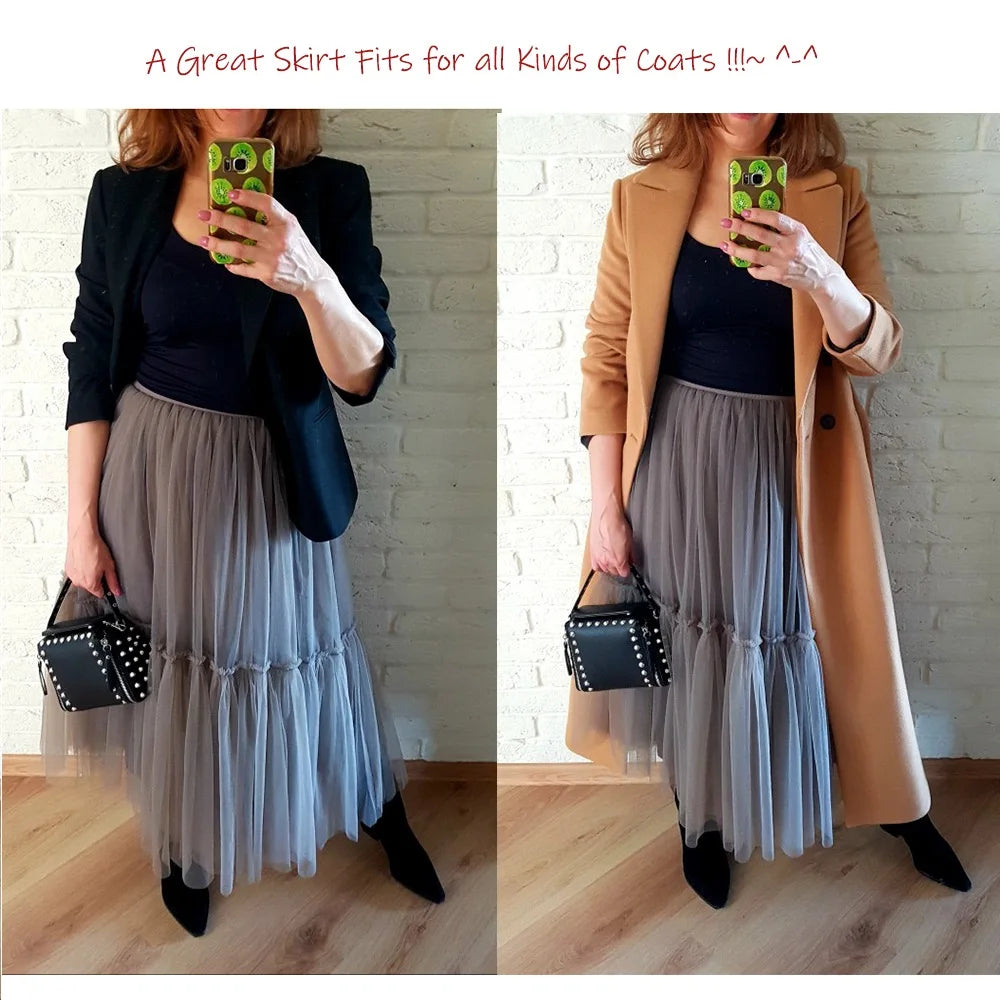 Maxi Long Tulle Skirts for Women Black Gothic Pleated Skirt Casual Party Fairycore Summer Winter Jupe Longue Falda Mujer