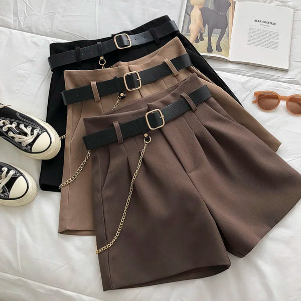 2025 New Casual Comfortable Elegant Wild Shorts With Belt Women's Woolen Shorts Autumn Winter Slim Wide Leg A-line Shorts