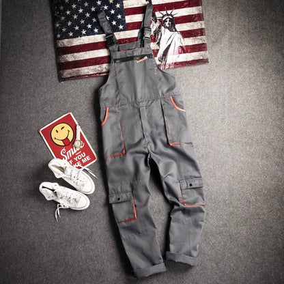 Men Long Sleeve Cargo Overalls Bib Pants Zipper Pockets Rompers Jumpsuit Fashion Labor Casual Coveralls Plus Size S-4xl