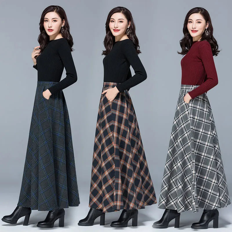 Mom High Waist Woolen plaid Skirts Autumn Winter Women's 3XL Wool Maxi Skirts Female Fashion Casual Long Streetwear