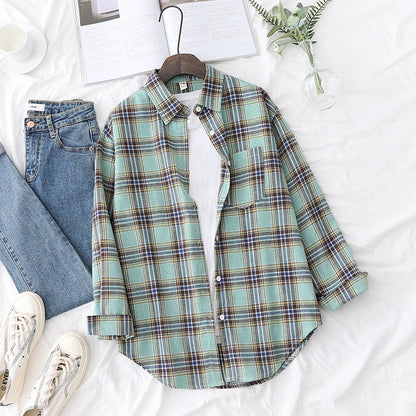 New Fashion Loose Womens Plaid Shirt Fresh College Style Design Blouses And Tops Long Sleeve Casual Female Checked Clothes