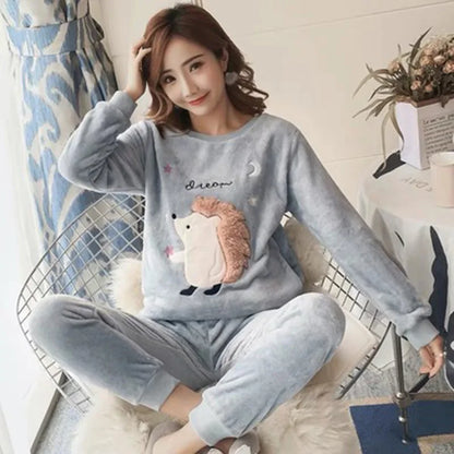 Autumn Winter Pajamas Set Women Sleep Shirt & Pant Set Sleepwear Warm Flannel Nightgown Female Cartoon Bear Animal Pijamas