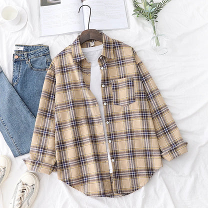 New Fashion Loose Womens Plaid Shirt Fresh College Style Design Blouses And Tops Long Sleeve Casual Female Checked Clothes