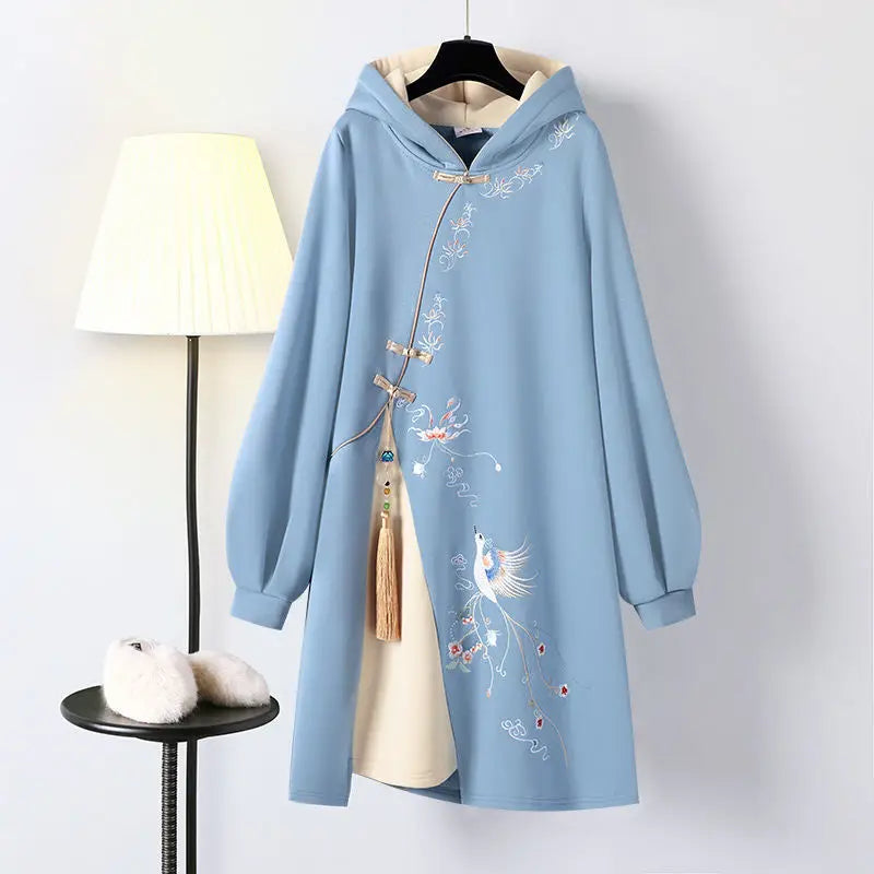 Women's Winter Chinese Style Hoodies Sweatshirt Daily Dress Hanfu Long Sleeve Embroidery Oversized Thick Cheongsam Vestidos