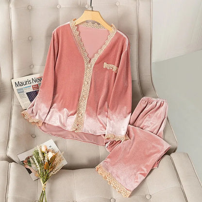 Velvet 2PCS Pajamas Set Women Autumn Winter Sleepwear Nightwear Casual Sleep Set Loose Soft Bathrobe Long Sleeve Shirt&pant