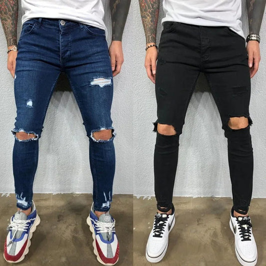 Men Jeans Knee Hole Ripped Stretch Skinny Denim Pants Solid Color Black Blue Autumn Summer Hip-Hop Style Slim Fit Trousers S-4XL