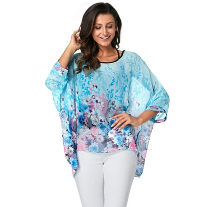 BHflutter 4XL 5XL 6XL Plus Size Blouse Shirt Women New Striped Print Summer Tops Tees Batwing Sleeve Casual Chiffon Blouses 2025