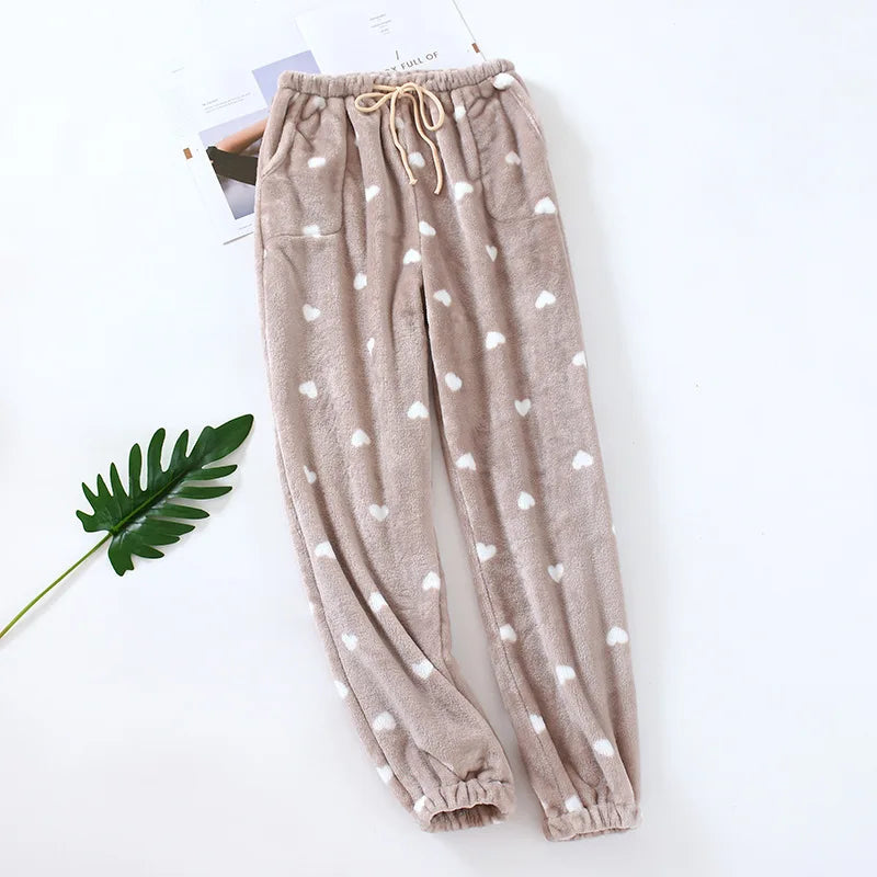 Winter Pajamas Home Pants For Women Elastic Trousers Loose Warm Thicken Fannel Pijamas Pants Sleepwear Printed Autumn Nightwear