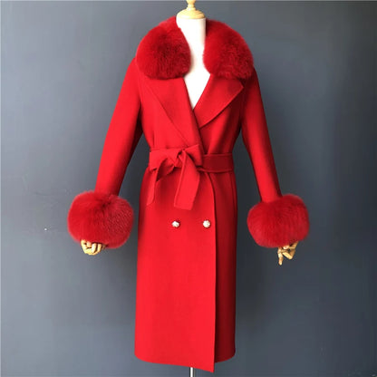 Women's Cashmere Wool Coat Spring Real Fox Fur Collar Woolen Trench Jacket Winter Adjustable Waist Slim Ladies Long Overcoat