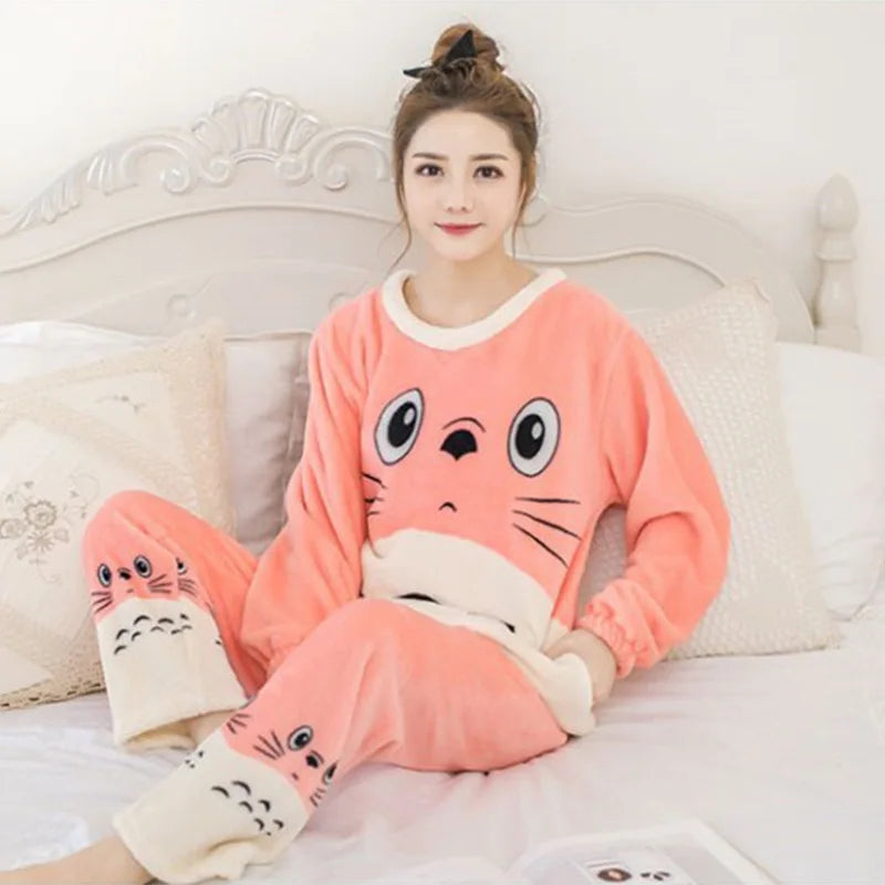 Autumn Winter Pajamas Set Women Sleep Shirt & Pant Set Sleepwear Warm Flannel Nightgown Female Cartoon Bear Animal Pijamas