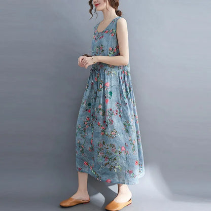 Women Summer Sleeveless Casual Dress New Arrival 2021 Vintage Style Floral Print Loose Cotton Linen Female Long Dresses B592