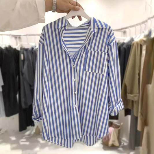 Autumn New Korean Style Loose Casual Free Size Small Fresh Vertical Blue Striped Long-Sleeved Shirt Ladies With Coat Blouse