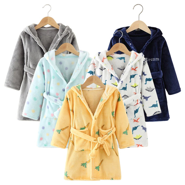 Children Hooded Flannel Bathrobe Robes Adorable Comfortable Cartoon print pattern Boys and Girls Home Wear Casual Sleepwear