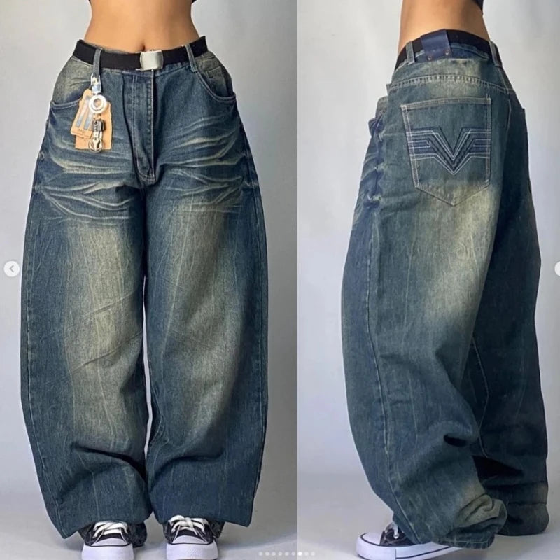 New American Harajuku Retro Straight High Waist Y2K Street Style Women Washed Blue Pockets Baggy Jeans Gothic Wide Pants