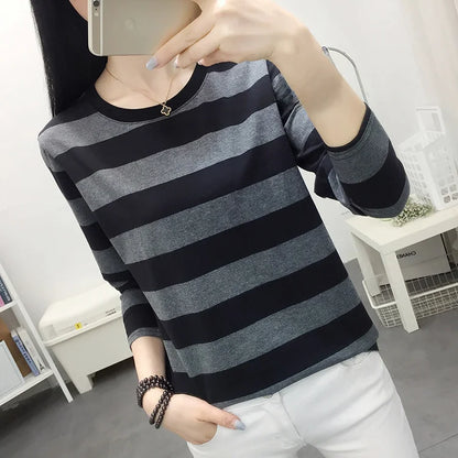 Autumn Loose Pure Cotton Long Sleeve T-shirt Women Clothing Middle-aged Mom Base Shirt Striped Top