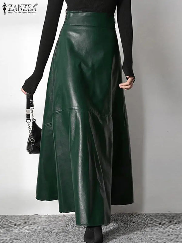 Fashion Solid Mujer Faldas ZANZEA PU Leather Maxi Skirts Women's Elegant OL Long Saias Casual High Waist Zipper Jupe